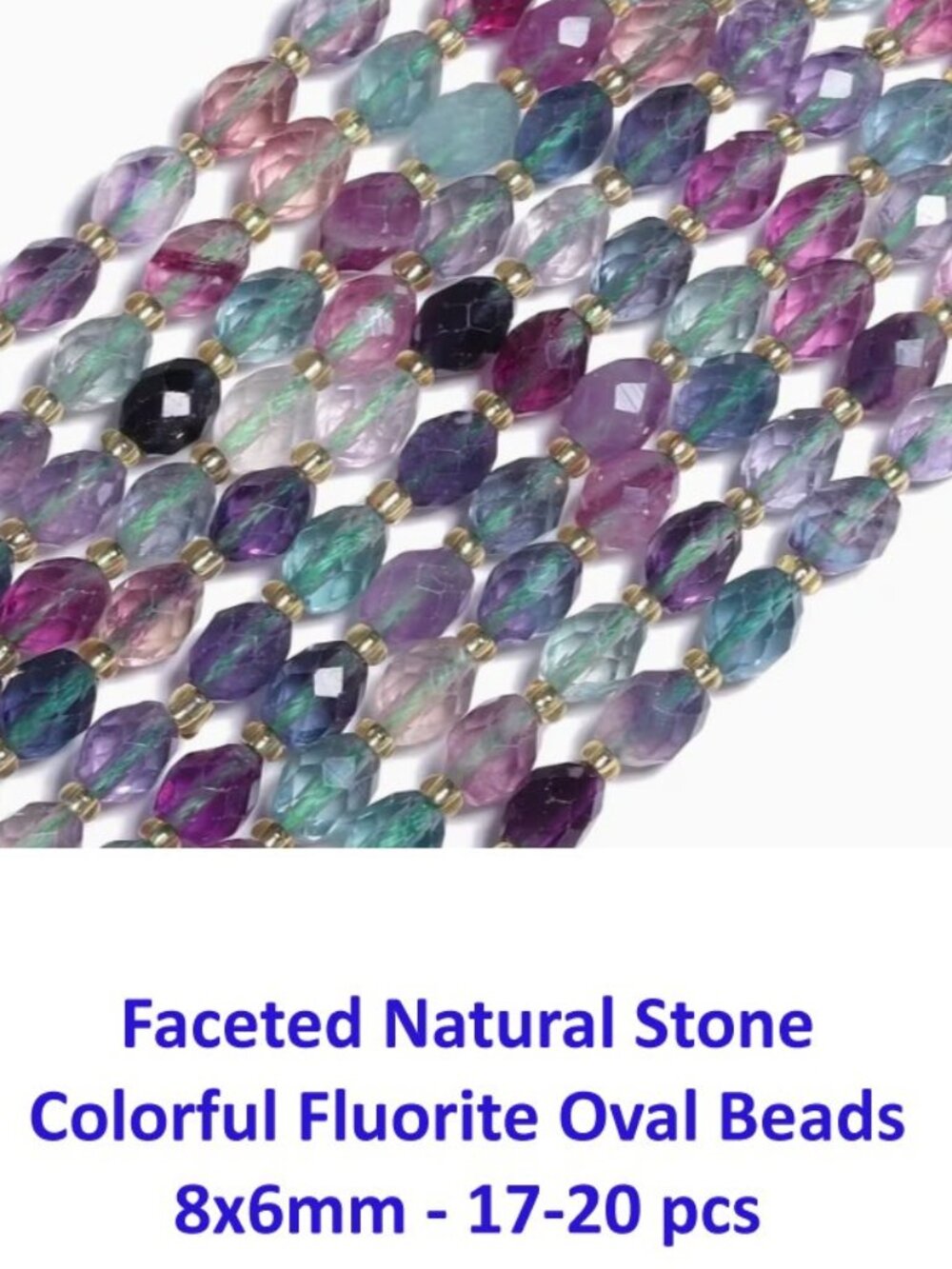 Faceted Natural Stone Colorful Fluorite Oval Beads 8x6mm - 17-20 pcs